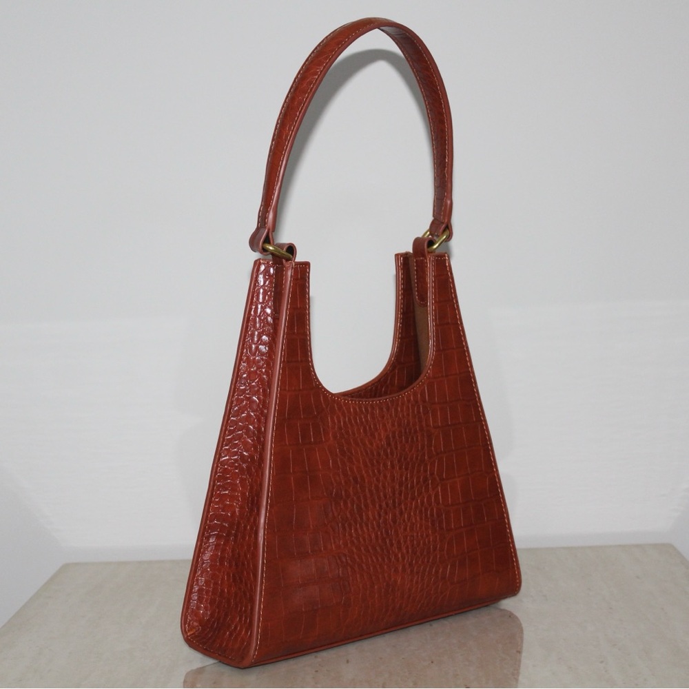 Brown Crocodile-Embossed Trapezoid Shoulder Bag Purse